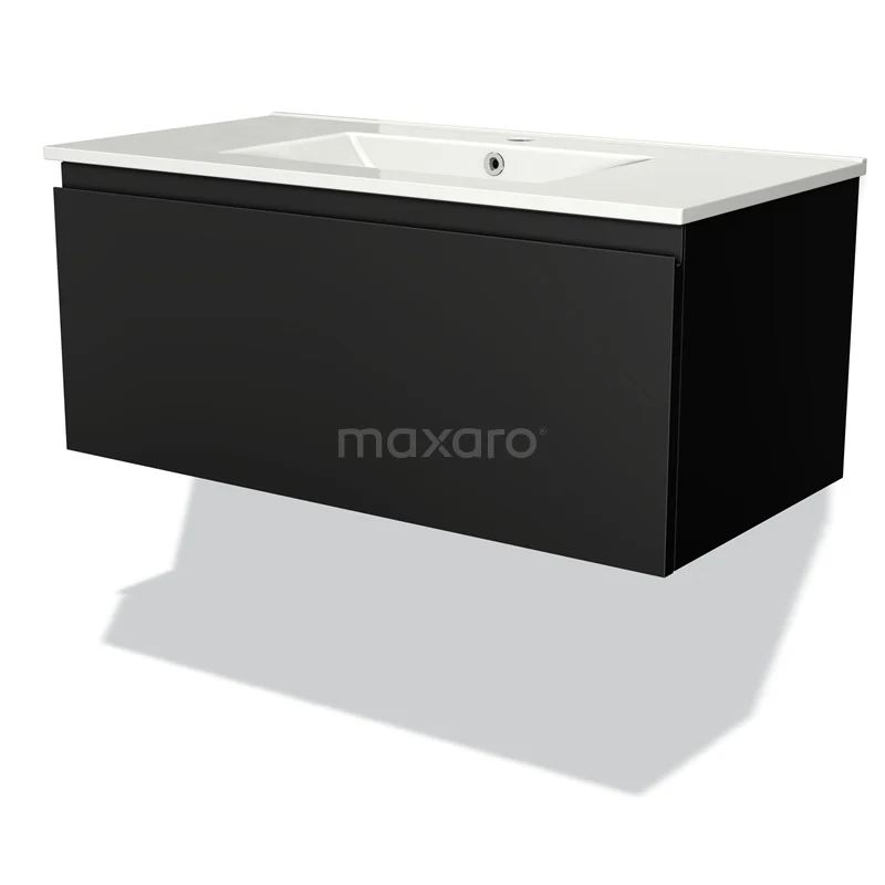 Modulo Bathroom furniture with sink | 90 cm Matte black Handle-less front Ceramic 1 drawer BMW11-00838 Black suspended vanity unit with white ceramic basin, sleek design, ideal for modern bathroom design.