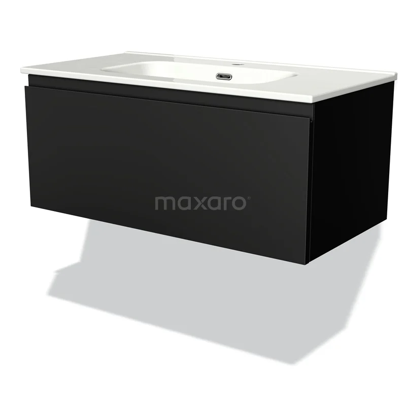 Modulo Bathroom furniture with sink | 90 cm Matte black Handle-less front Ceramic 1 drawer BMW11-00839 Black floating bathroom furniture set with white ceramic basin, sleek design, ideal for modern bathroom design.