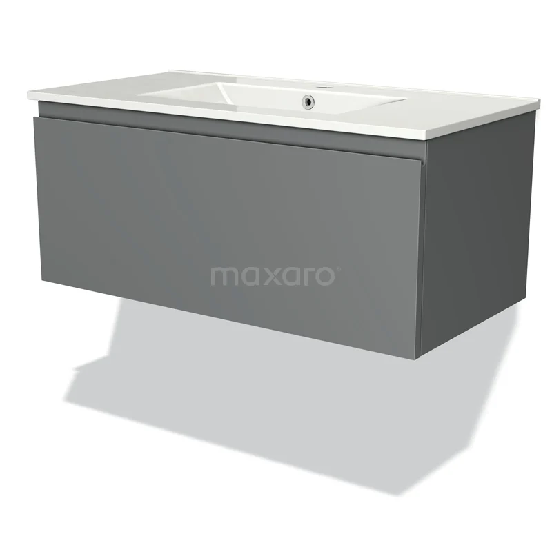 Grijze zwevende wastafelmeubelset met witte keramische wasbak, modern design, ideaal voor een strakke badkamerinrichting.
