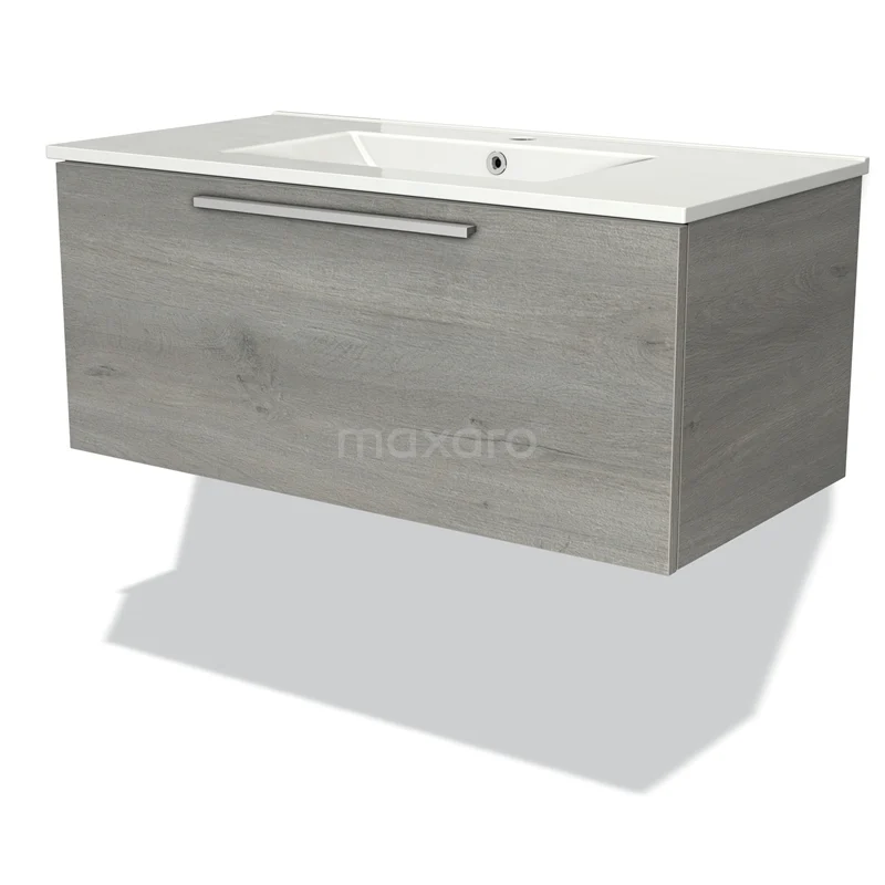 Badmöbel 90cm Modulo Graue Eiche 1 Schublade Flaches Waschbecken aus Keramik BMW11-01046 Holz Badezimmermöbel Grau mit Waschbecken, Kommode stilvoll und praktisch, geeignet für moderne Badezimmergestaltung.