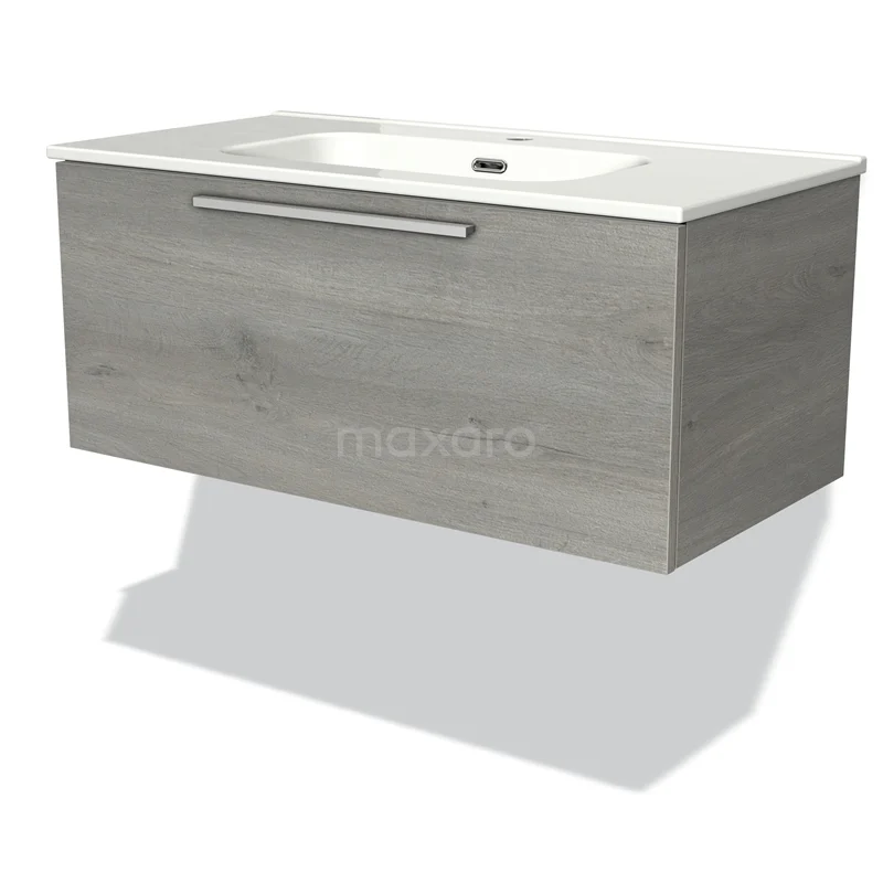 Badmöbel 90cm Modulo Graue Eiche 1 Schublade Flaches Waschbecken aus Keramik BMW11-01047 Holz-Badmöbel mit Waschbecken, graue Eicheoptik und schlankem Design, ideal für ein modernes Badezimmer.