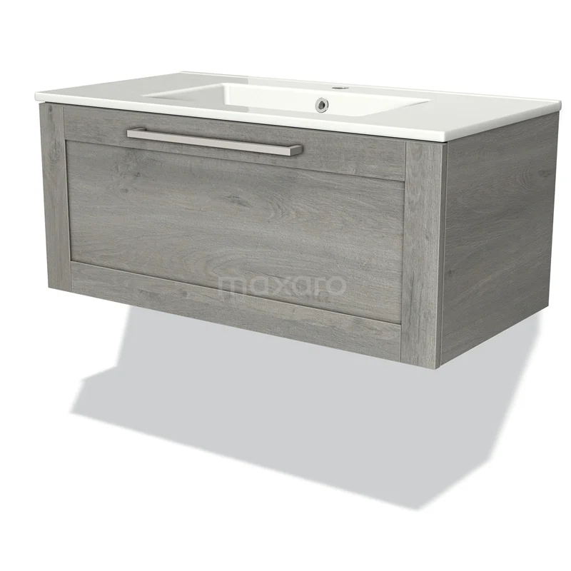 Modulo Bathroom furniture with sink | 90 cm Grey oak Bordered front Ceramic 1 drawer BMW11-01052 Grey floating vanity unit with drawers, wood-look finish and integrated white ceramic basin for modern bathrooms.