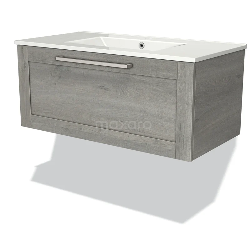 Modulo Bathroom furniture with sink | 90 cm Grey oak Bordered front Ceramic 1 drawer BMW11-01054 Wooden vanity unit Grey oak with white sink, modern floating design, perfect for stylish bathroom design.
