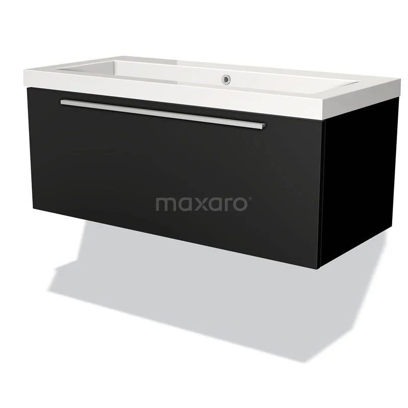 Badmöbel 100cm Modulo Matt Schwarz 1 Schublade Flaches Waschbecken Mineralguss BMW11-01155 Schwarzer hängender Badschrank mit integriertem Waschbecken, modernem rechteckigen Design und schickem Aluminium Haltegriff.