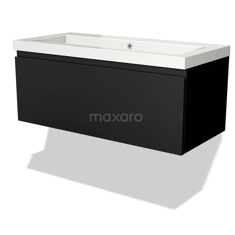 Zwarte zwevende badkamermeubel met een witte, bijpassende wastafel; modern design, ideaal voor stijlvolle badkamers.