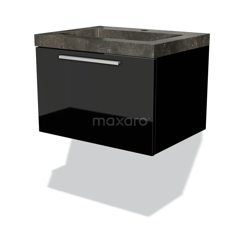 Badmöbel 60cm Modulo Hochglanz Schwarz 1 Schublade Flaches Waschbecken Naturstein Blaustein BMW11-01252 Schwarzes, hängendes Waschtischmöbel mit glänzender Oberfläche und einer dunklen Marmorplatte, ideal für moderne Bäder.