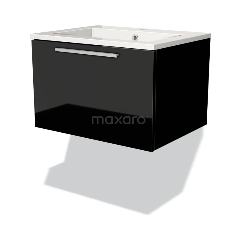 Badmöbel 60cm Modulo Hochglanz Schwarz 1 Schublade Flaches Waschbecken Mineralguss BMW11-01255 Schwarzer hängender Badschrank mit glänzender Oberfläche und einem weißen Waschbecken, ideal für moderne Bäder.