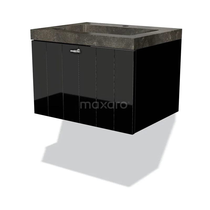 Badmöbel 60cm Modulo Hochglanz Schwarz 1 Schubladen-Lamellen-Waschbecken Naturstein Blaustein BMW11-01263 Schwarze Badmöbel mit glänzender Oberfläche und Natursteine Waschbecken, modernes Design für ein stilvolles Badezimmer.