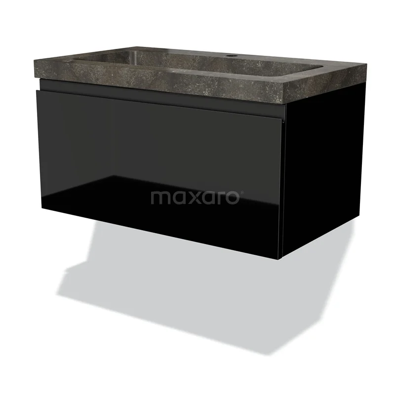 Badmöbel 80cm Modulo Hochglanz Schwarz 1 Schublade griffloses Waschbecken Naturstein Blau BMW11-01309 Schwarzer Badschrank mit dunklem Marmorwaschbecken, hängendes Design, modern und elegant für eine stilvolle Badezimmergestaltung.