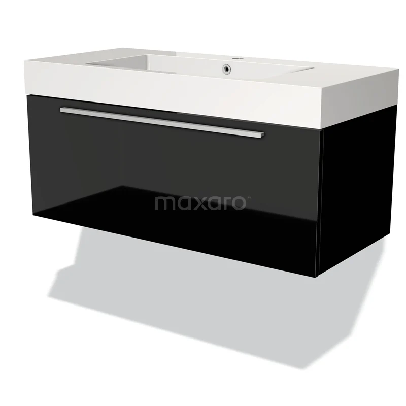 Badmöbel 100cm Modulo Hochglanz Schwarz 1 Schublade Flaches Waschbecken Mineralguss BMW11-01329 Schwarzes schwebendes Badmöbelset mit glänzender Oberfläche, weißem Waschbecken und chromfarbener Griff, modernes und stilvolles Design.