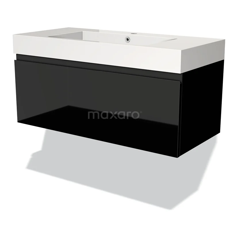 Modulo Vanity units with basin | 100 cm High-gloss black Handle-less front Mineral marble 1 drawer BMW11-01359