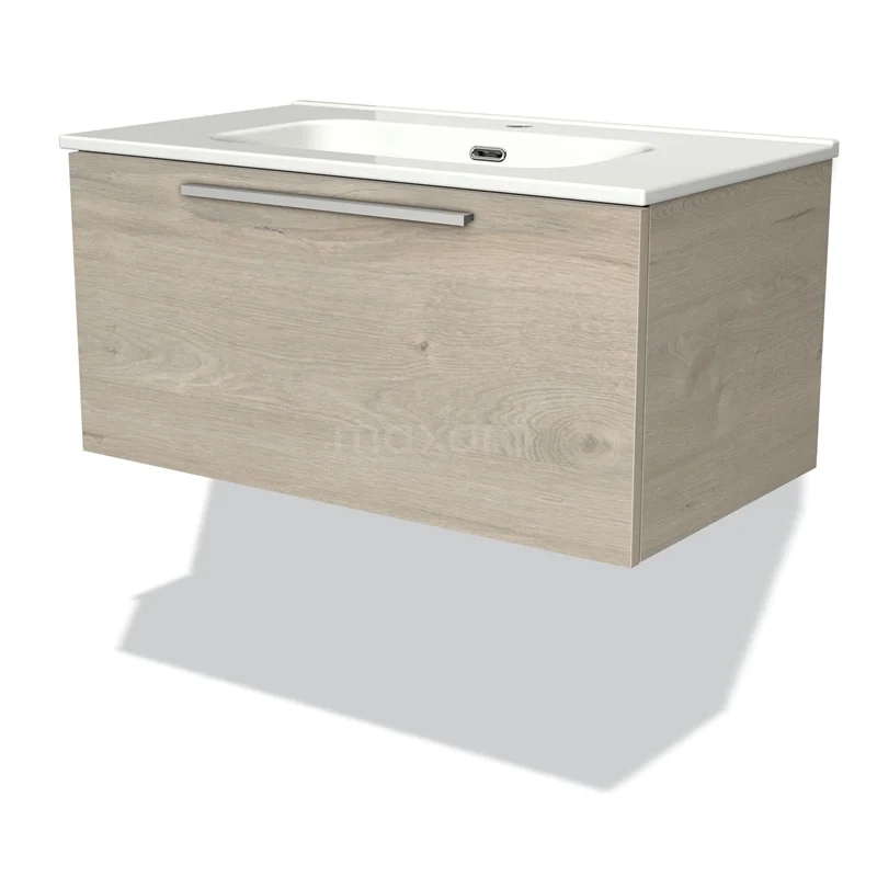 Badmöbel 80cm Modulo hellgraue Eiche 1 Schublade Flaches Waschbecken Keramik BMW11-01614 Holz-Waschtisch mit Schublade, helle Eichenoberfläche, schwebendes Design und keramischem Waschbecken, ideal für ein modernes Badezimmer.