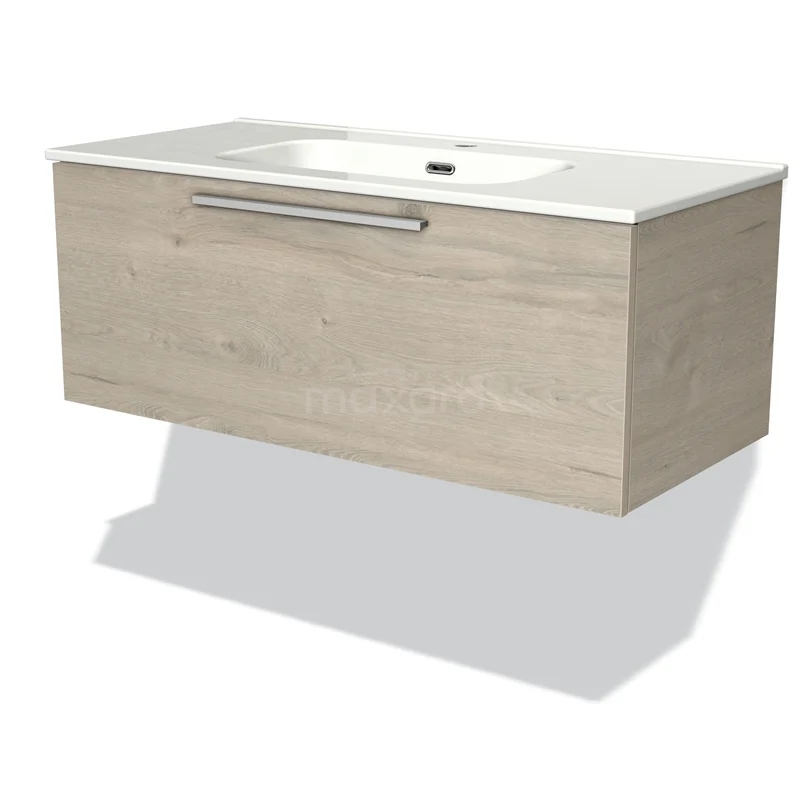 Badmöbel 100cm Modulo Hellgraue Eiche 1 Schublade Flaches Waschbecken Keramik BMW11-01638 Hängendes Badezimmermöbel aus Holz mit weißem Waschbecken, Schublade mit Holzmaserungsmuster und Edelstahl Haltegriff. Modernes und stilvolles Design.