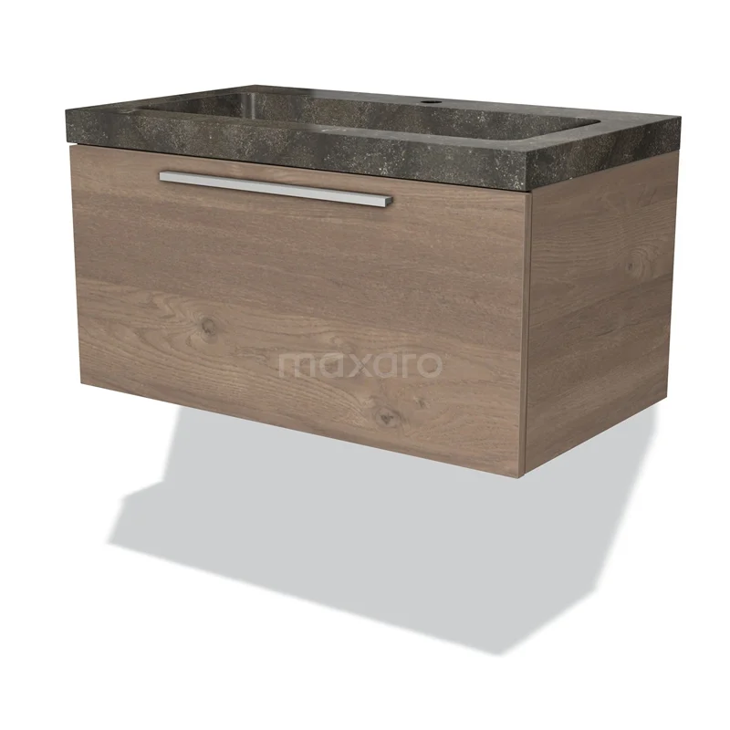 Badmöbel 80cm Modulo mittelbraune Eiche 1 Schubladen Flaches Waschbecken Naturstein Blaustein BMW11-01844 Holz-Badmöbel mit Schublade, dunkles Waschbecken aus Naturstein, modernes und platzsparendes Design.