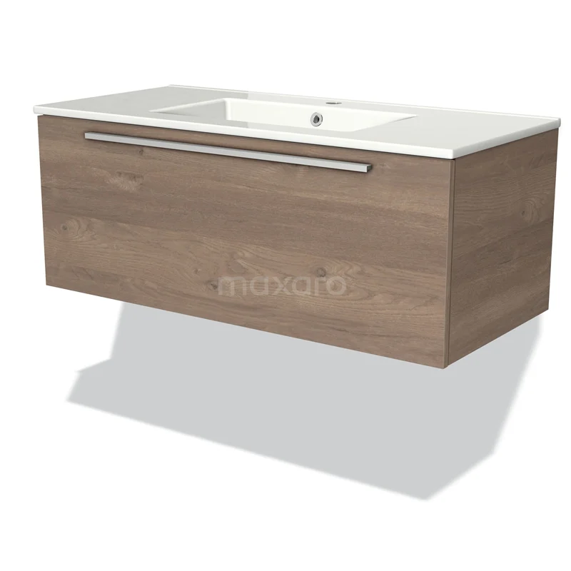 Badmöbel 100cm Modulo mittelbraune Eiche 1 Schublade Flaches Waschbecken Keramik BMW11-01863 Holz-Badmöbel mit hängendem Design, mit weißem Waschbecken und geräumiger Schublade. Perfekt für moderne Bäder.