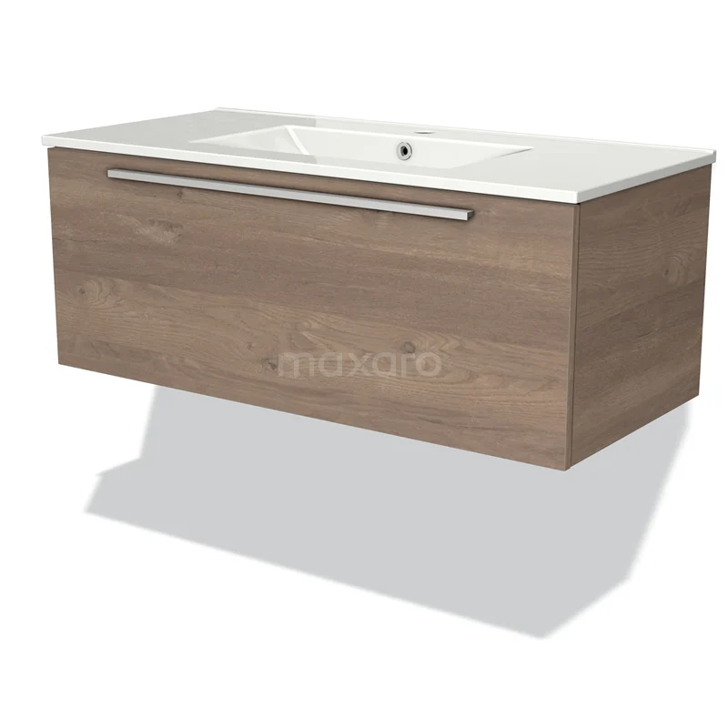 Badmöbel 100cm Modulo mittelbraune Eiche 1 Schublade flaches Waschbecken aus Keramik BMW11-01865 Hölzernes Badmöbel mit Waschbecken, modernes Design, Eichenlook, klappbare Schublade und integrierter Haltegriff.