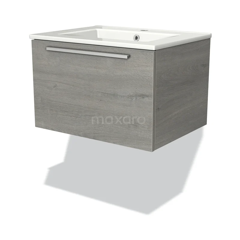 Grijs houten badkamermeubel met witte wastafel, minimalistisch design en brede lade voor praktische opbergruimte.