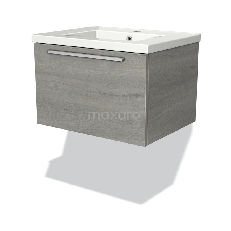 Grijze zwevende wastafelkast met houtmotief, geïntegreerde wastafel en chromen greep, ideaal voor moderne badkamers.