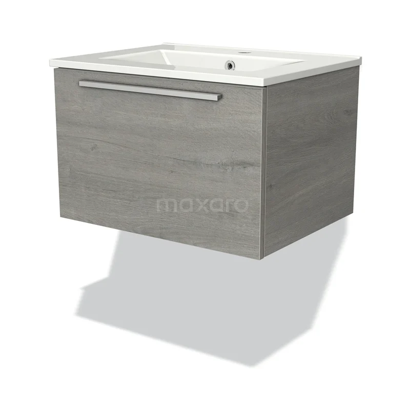Grijze zwevende badkamerkast met lade, houtlook afwerking en keramische wastafel, ideaal voor moderne badkamerinrichting.