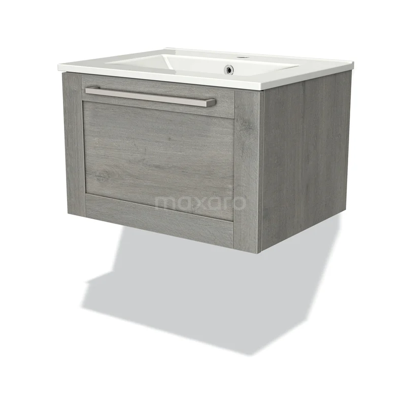 Modulo Bathroom furniture with sink | 60 cm Grey oak Bordered front Ceramic 1 drawer BMW11-02058 Grey oak vanity unit with integrated white ceramic sink, ideal for modern bathroom storage.