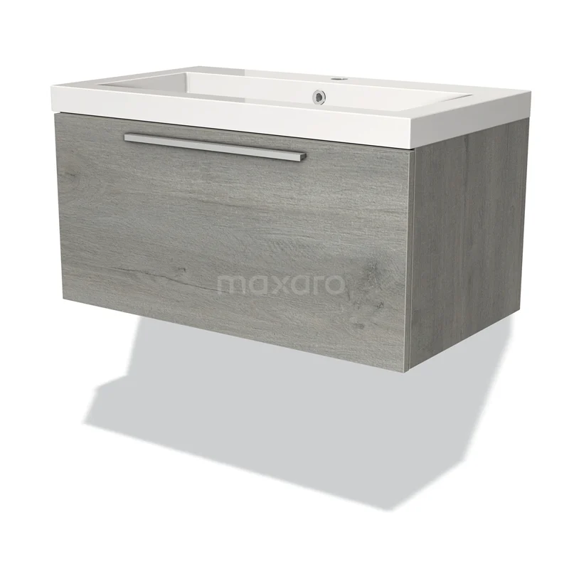 Badmöbel 80cm Modulo Graue Eiche 1 Schublade Flaches Waschbecken Mineralguss BMW11-02075 Grauer Holz-Waschbeckenunterschrank mit integrierter weißer Waschbecken, modernes Design, ideal für ein stilvolles Badezimmer.
