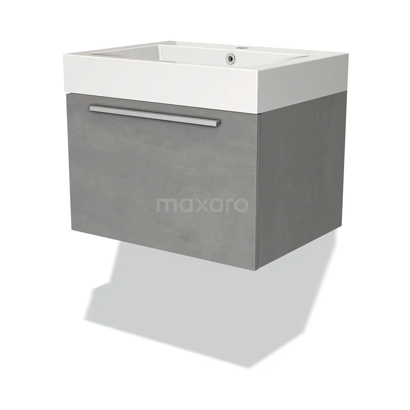 Badmöbel 60cm Modulo hellgrauer Beton 1 Schublade Flaches Waschbecken Mineralguss BMW11-02168 Graues Badmöbel mit Waschbecken, schlanke rechteckige Form, eine Schublade und modernes Design. Perfekt für kleine Bäder.