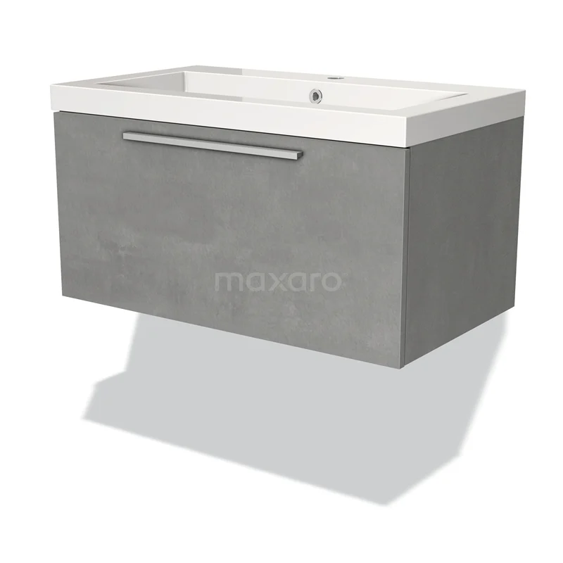 Badmöbel 80cm Modulo hellgrauer Beton 1 Schublade Flaches Waschbecken Mineralguss BMW11-02178 Graues hängendes Waschtischmöbel mit einer matte Oberfläche und keramischem Waschbecken, ideal für moderne Badezimmergestaltungen.