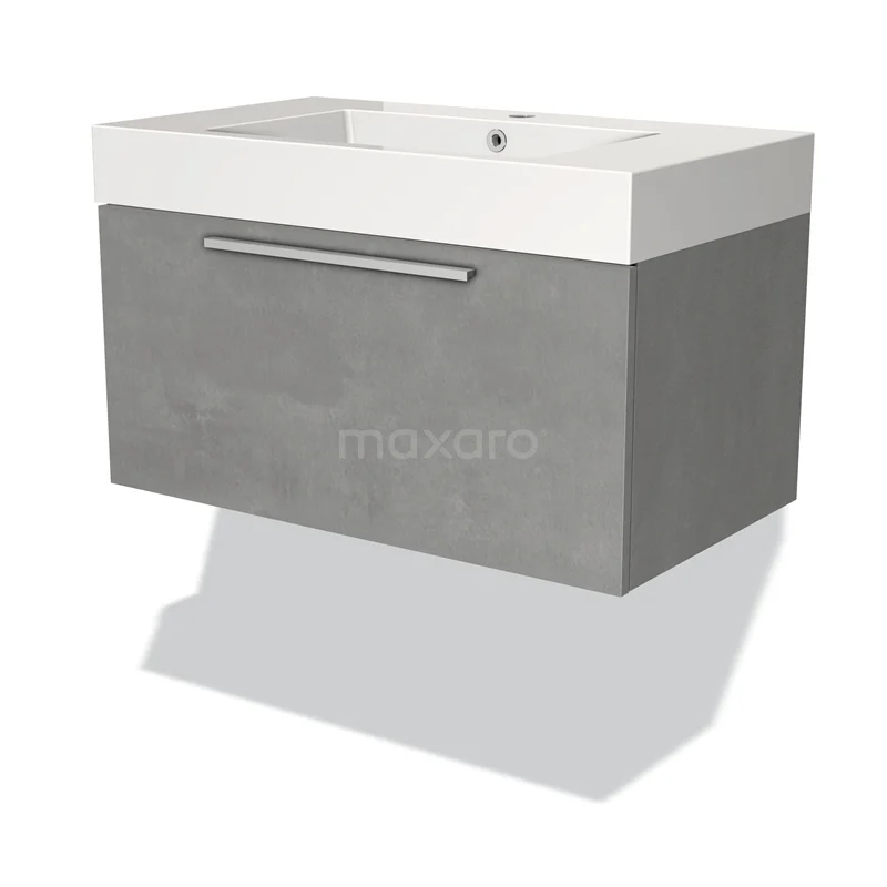 Badmöbel 80cm Modulo hellgrauer Beton 1 Schublade Flaches Waschbecken Mineralguss BMW11-02180 Graue hängende Waschbecken mit weißem keramischen Waschbecken, modernes Design und Schublade, ideal für stilvolle Badezimmergestaltung.