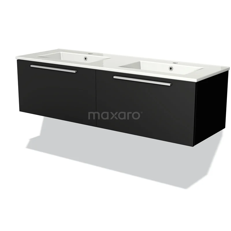 Zwart dubbel wastafelmeubel met witte keramische wastafel, strak design en ruime lades, perfect voor moderne badkamers.