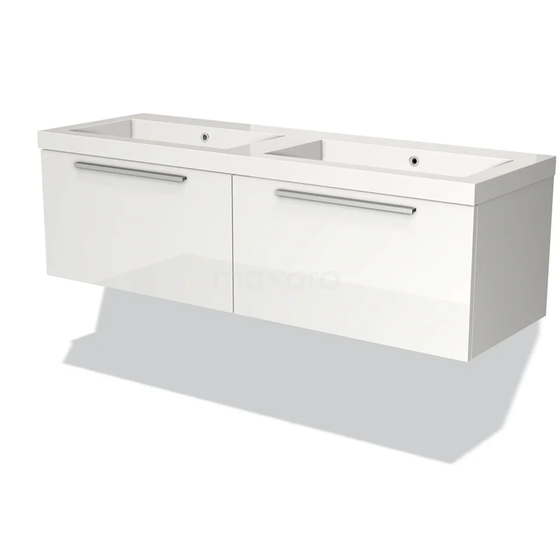 Wit zwevend badkamermeubel met dubbele wasbak, moderne glansafwerking en chromen handgrepen, ideaal voor ruime badkamers.
