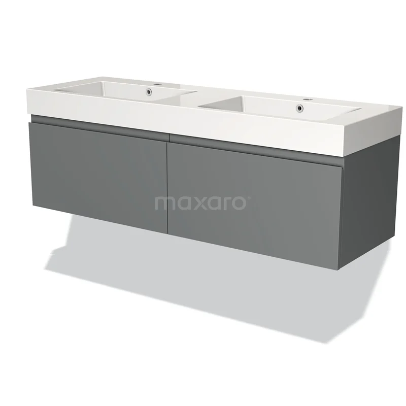 Grijze dubbele wastafelmeubel met witte keramische wasbak, modern design, ideaal voor een stijlvolle badkamer.