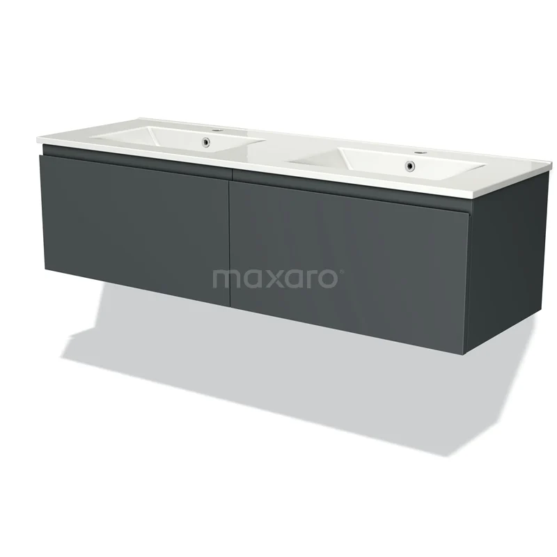 Badmöbel 140cm Modulo Dunkelgrau 2 Schubladen Griffloses Waschbecken Keramik BMW12-00476 Dunkelgrau schwebendes Badmöbel mit Doppelwaschbecken, modernes Design und klare Linien, ideal für stilvolle Bäder.