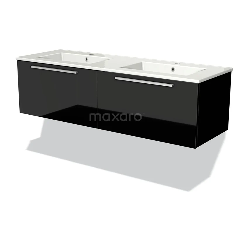 Zwart badkamermeubel met dubbele witte wastafel, modern design, glanzende afwerking en strakke lijnen.