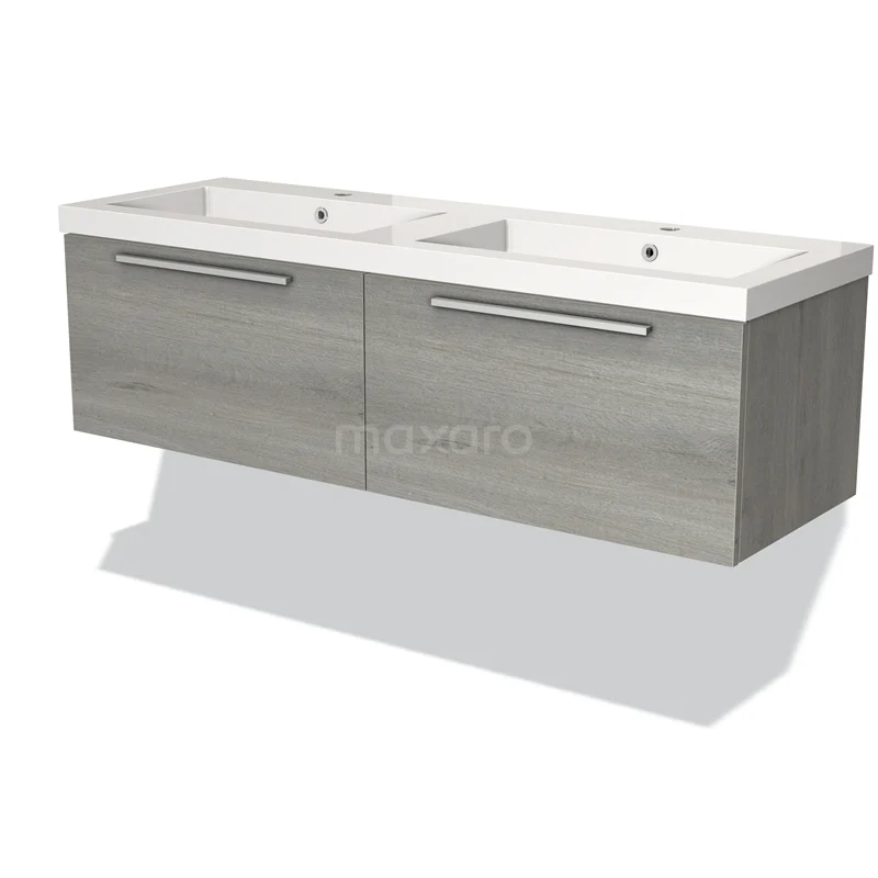 Dubbele wastafelmeubel in grijs hout, zwevend design, inclusief keramische waskommen, ideaal voor moderne badkamerstijl.