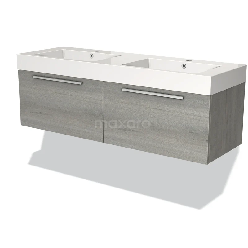 Grijze houten wastafelonderkast met dubbele wasbak, roestvrijstalen handgrepen en modern design voor de badkamer.