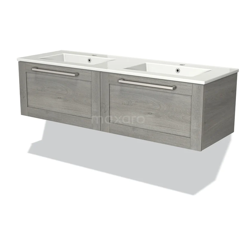 Dubbele wastafel met twee grijze houtlook lades, inkl. geïntegreerde handgreep, ideaal voor moderne badkamerinrichtingen.
