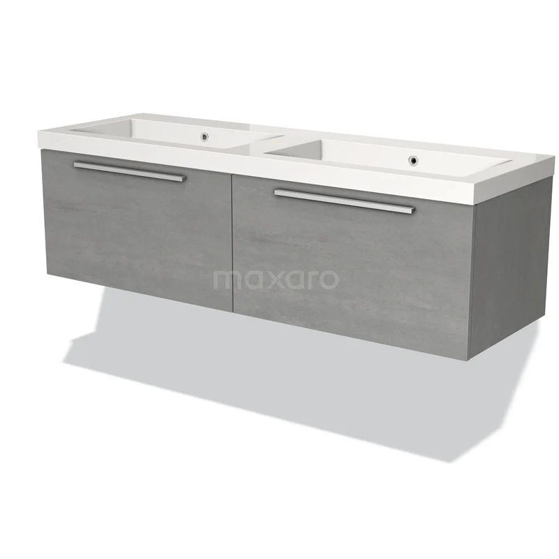 Grijze zwevende badkamermeubel met dubbele wastafel, strak design en moderne afwerking, ideaal voor een stijlvolle badkamer.