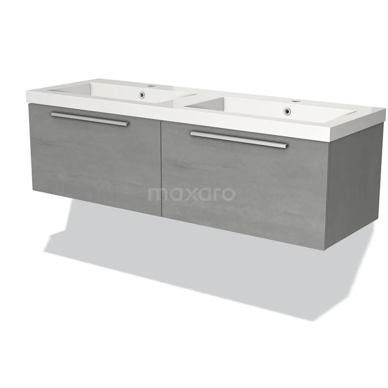 Grijze zwevende badkamermeubelset met dubbele wastafel, modern design en softclose lades, ideaal voor ruime badkamers.