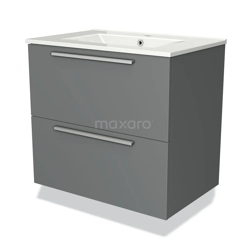 Donkergrijze badkamer wastafelonderkast met twee lades en een keramische wastafel, modern design.