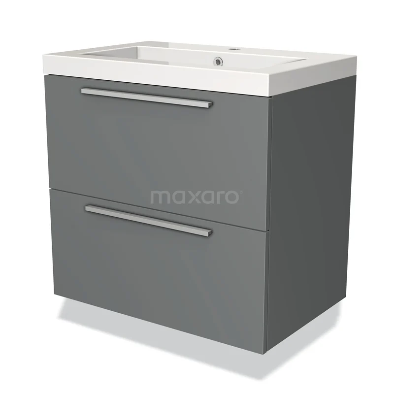 Grijze badkamerkast met twee lades, chromen handgrepen en een wit keramische wastafel; modern design voor jouw badkamer.