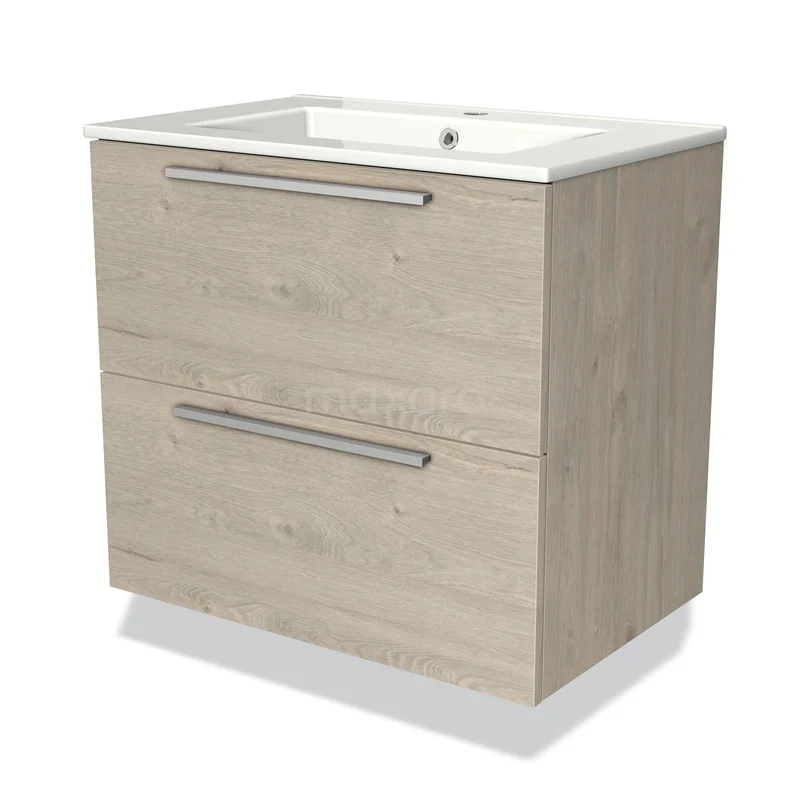 Wooden bathroom unit with two drawers, light oak finish and white basin, ideal for modern bathroom design.