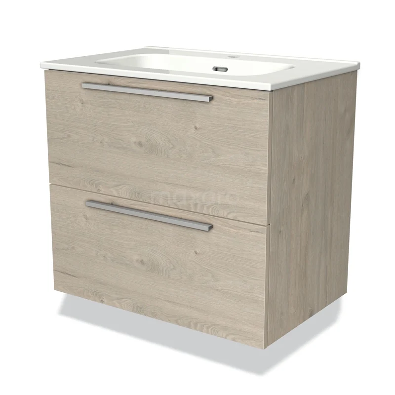 Houten badkamermeubel met twee lades, licht eiken kleur, metalen handgrepen en geïntegreerde wastafel, modern en strak design.