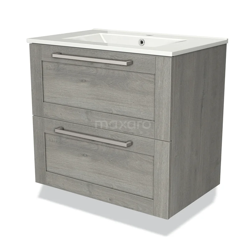 Grijze houten badkamermeubel met twee lades, rechthoekige witte wasbak en metalen handgrepen, modern design.