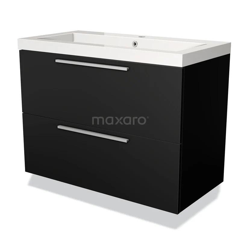 Zwarte badkamerkast met twee lades, moderne design, glanzende afwerking en geïntegreerde witte wastafel.