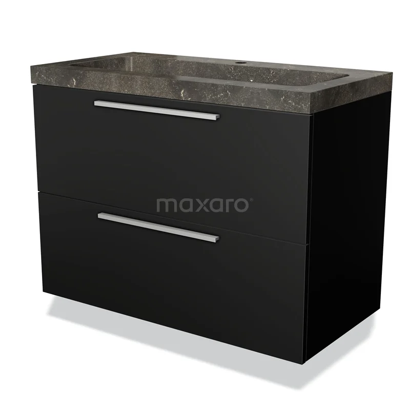 Zwarte badkamermeubel met twee lades, grijs stenen blad en moderne metalen handgrepen, perfect voor een stijlvolle badkamer.