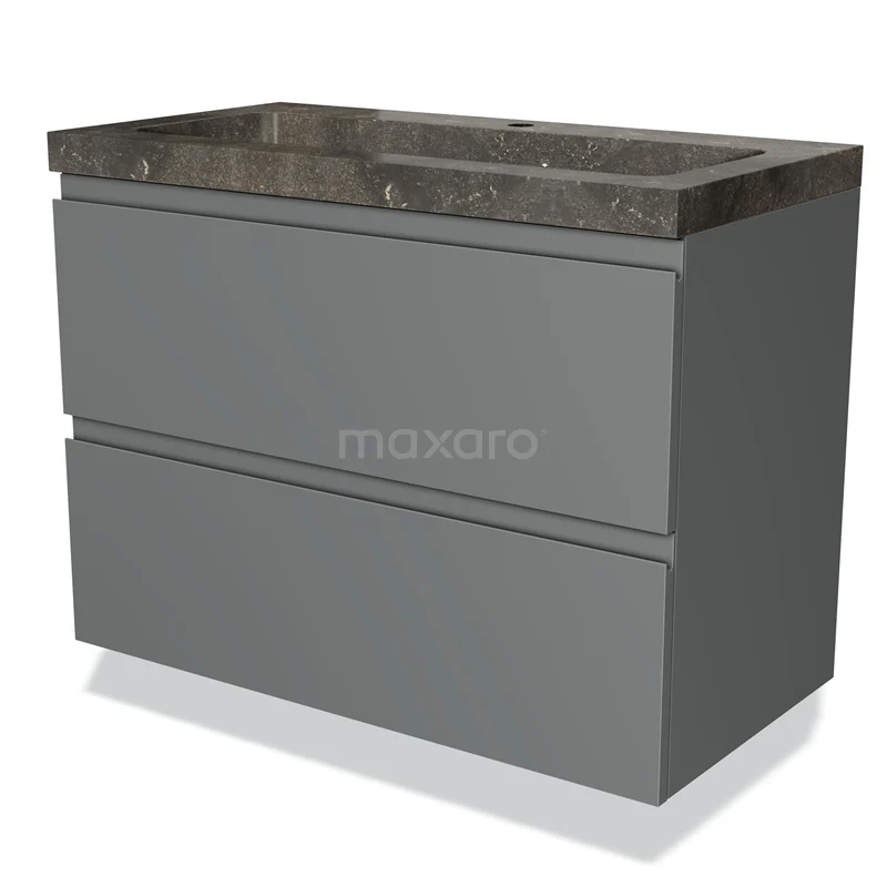 Badmöbel 90cm Modulo Mittelgrau 2 Schubladen Griffloses Waschbecken Naturstein BMW17-02064 Graue Badmöbelset mit zwei Schubladen und einer dunklen Naturstein-Waschtischplatte, ideal für ein modernes Badezimmer.
