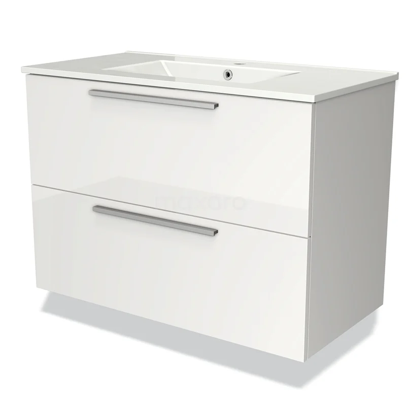 White, modern bathroom unit with two drawers and metal handles, suitable for basins, made of durable materials.