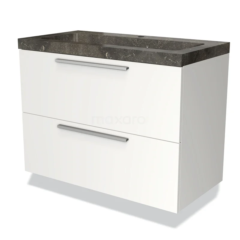 Wit badkamermeubel met twee lades en een donker marmeren wastafelblad, modern design voor stijlvolle badkamerinrichting.