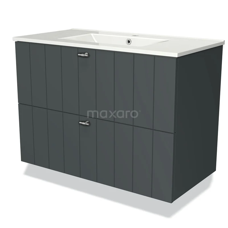 Grijze badmeubelset met twee lades, witte keramische bovenkant, modern design; ideaal voor stijlvolle badkameropslag.