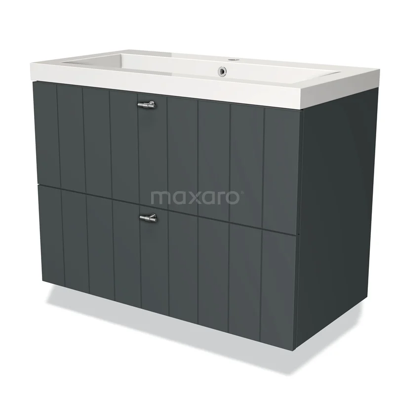 Donkergrijze badkamermeubel met dubbele lades en wastafel; moderne look, ideaal voor stijlvolle badkameropslag.